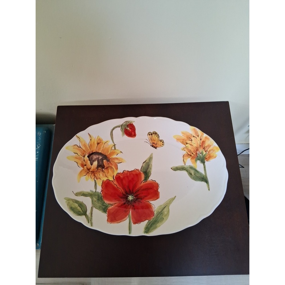 Maxcera China Poppies Sunflower 14x10" Oval Serving Platter.